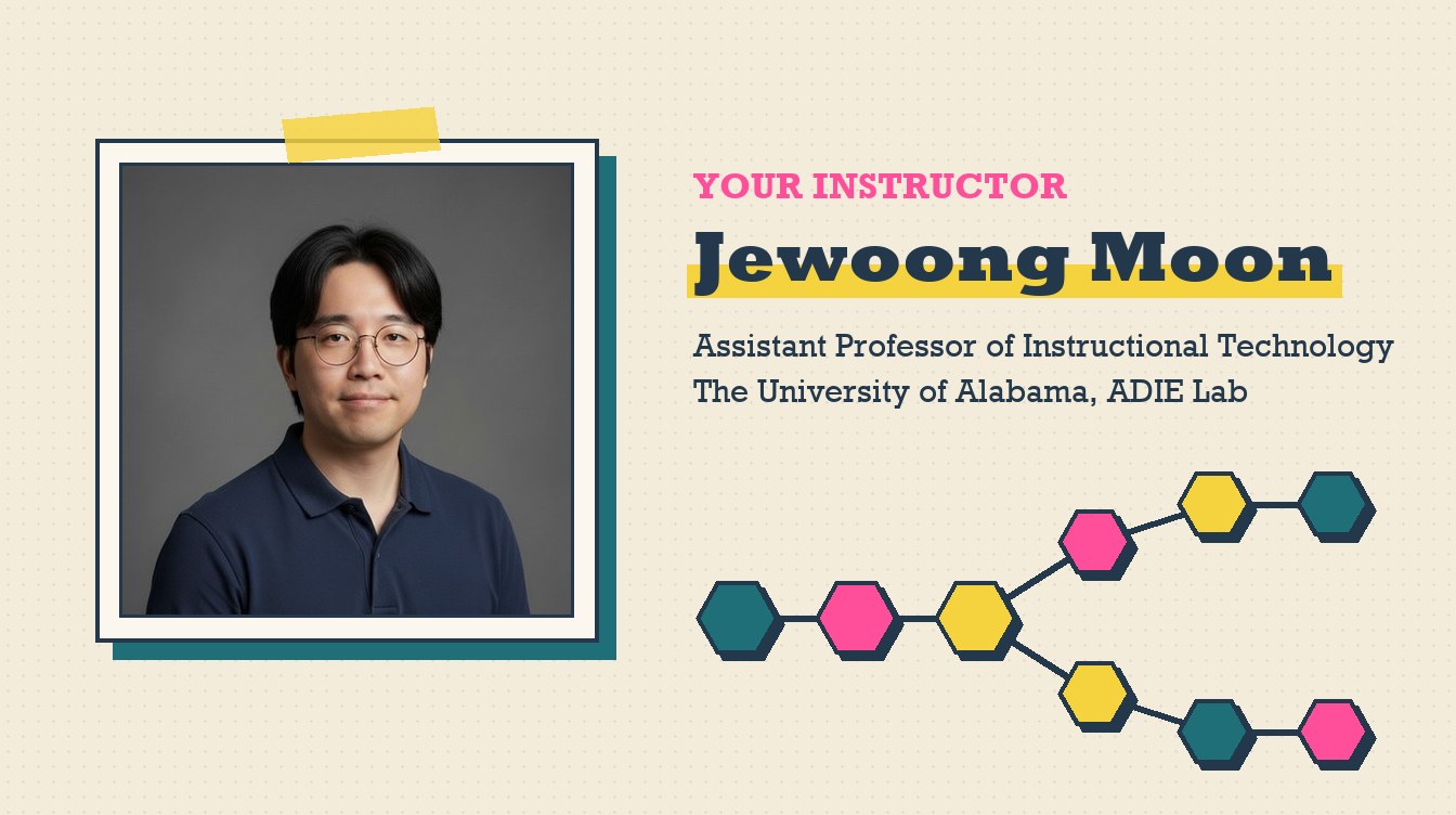 Portrait of Jewoong Moon, a man with short black hair and round glasses, wearing a navy polo shirt, framed on printed paper beside his name, title, and a branching path of hexagon tiles