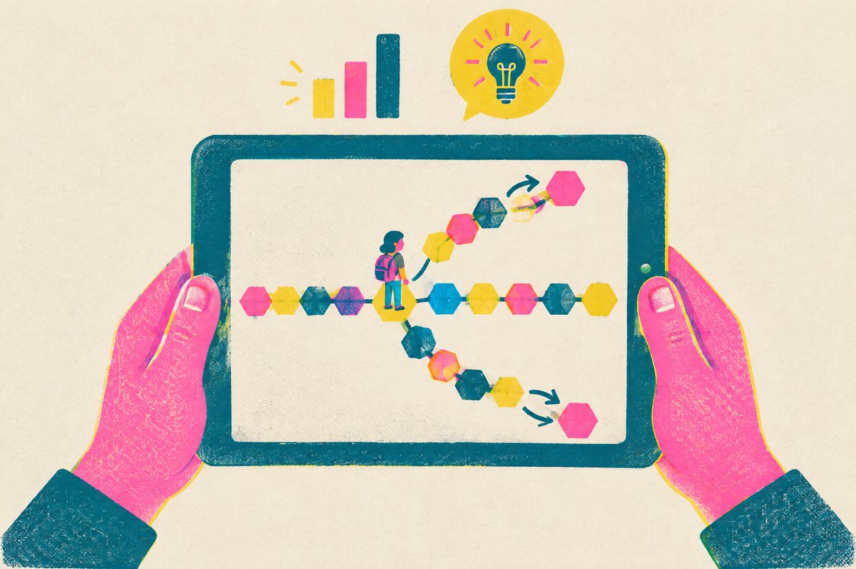 Risograph print of two hands holding a tablet; on screen, a learner stands where a path of hexagon tiles branches into three routes